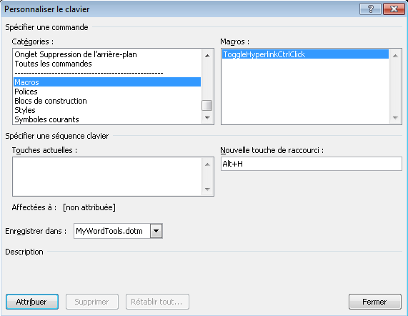Boîte de dialogue Personnaliser le clavier