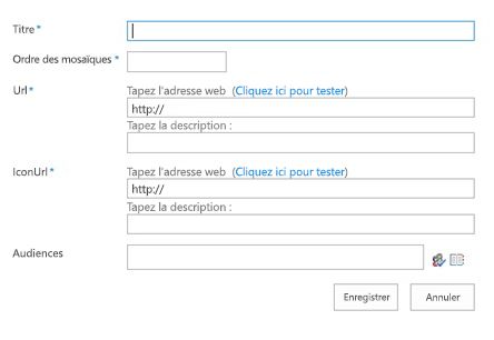 Displays dialog box to create a new entry for a CustomTile in the November 2016 PU for SharePoint Server 2016