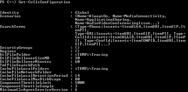 Exemple de sortie de Get-CsClsConfiguration.