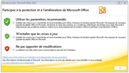 Écran d'accueil d'Office 2010 avec les options de confidentialité