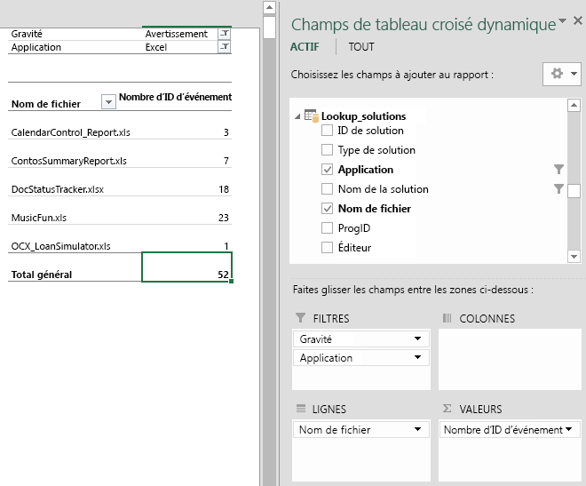 Illustre comment un rapport personnalisé indique les problèmes Excel ayant la sévérité Avertissement. Une colonne indique le nom de fichier, et l’autre le nom des événement Avertissement.