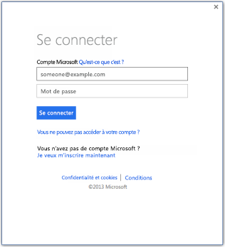 Capture d’écran d’une fenêtre de connexion qui vous permet de vous connecter à Office 2013 avec un identifiant de compte Microsoft.
