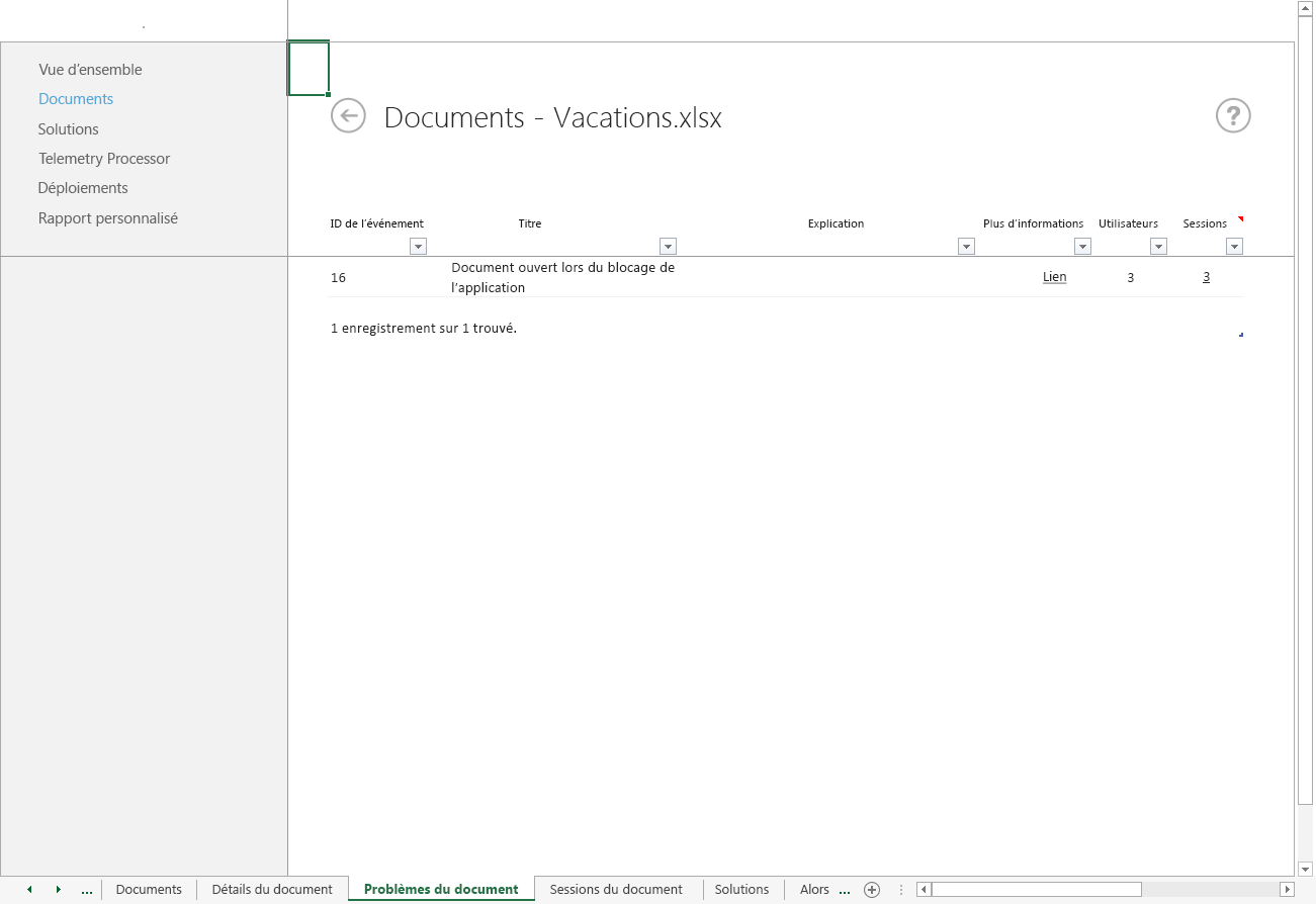Capture d’écran de la feuille de calcul Problèmes du document du Tableau de bord de télémétrie Office.