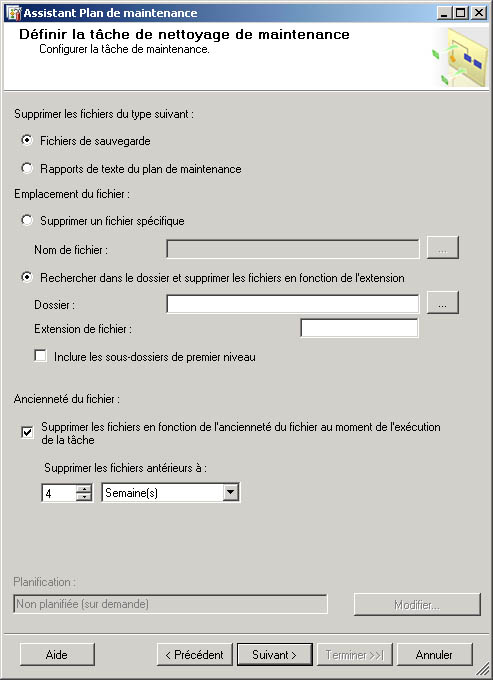 Page Définir la tâche de nettoyage de maintenance