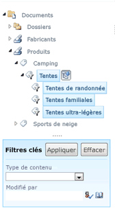 Capture d’écran des listes de filtres clés