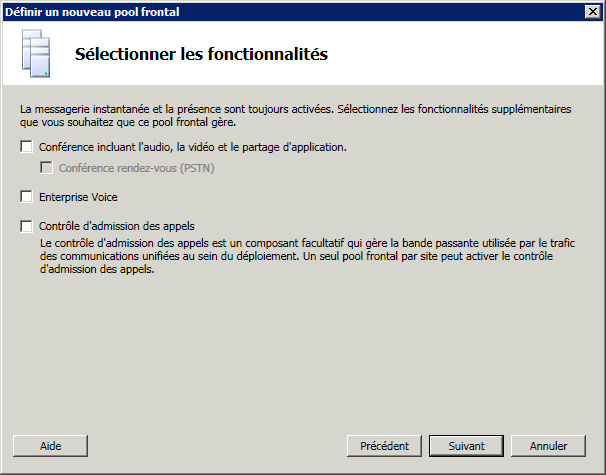 Définir le pool frontal - Boîte de dialogue Sélectionner les fonctionnalités