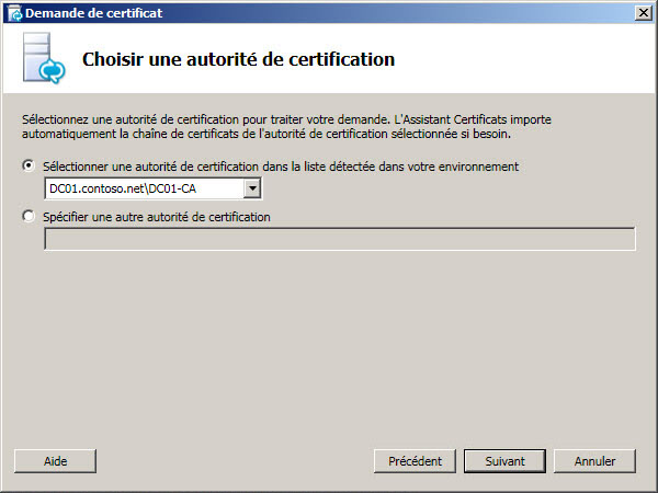 Boîte de dialogue Choisir une autorité de certification