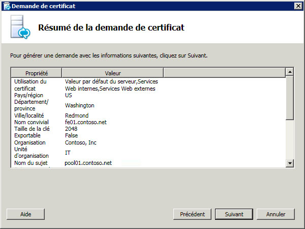 Page Résumé de la demande de certificat