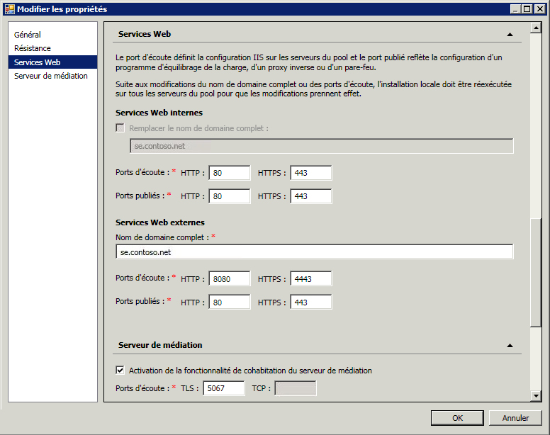 Modifier les paramètres de pool des services Web