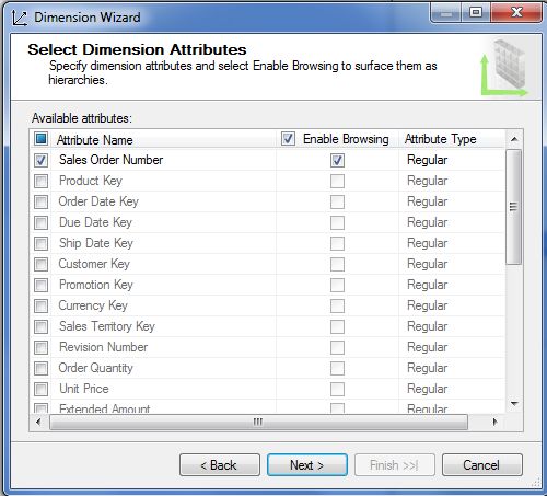 Dimension de commande client montrant la liste d’attributs