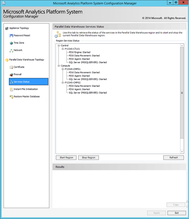 Capture d’écran de l’Configuration Manager système de plateforme Microsoft Analytics, montrant la page État des services.