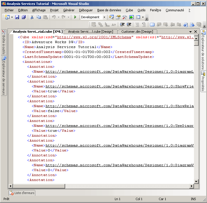 Code XML pour le cube Didacticiel Analysis Services