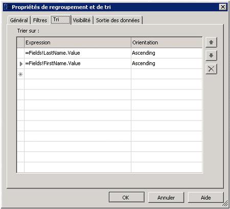 Onglet Tri, page Propriétés de groupement et tri