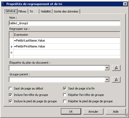Onglet Général, page Propriétés de groupement et tri
