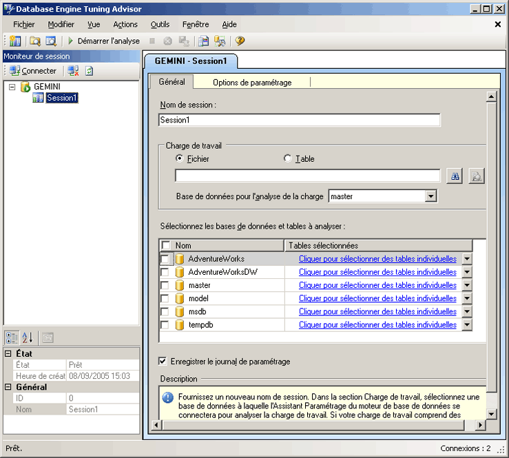 Fenêtre par défaut de l'Assistant Paramétrage du moteur de base de données