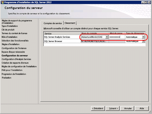 Page Configuration du serveur, Assistant Installation de SQL Server