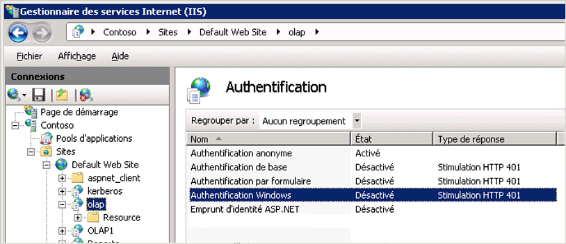 Capture d'écran des paramètres d'authentification de répertoire virtuel