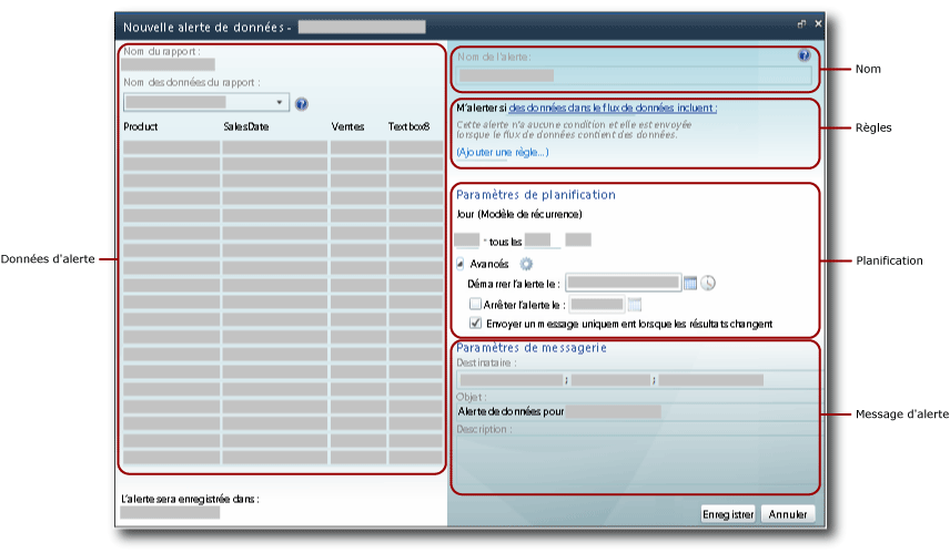 Zones dans l'interface utilisateur du Concepteur alertes