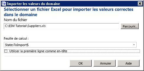 Boîte de dialogue Importer les valeurs du domaine