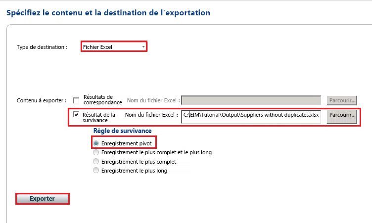 Exporter les résultats à partir de la Page de correspondance