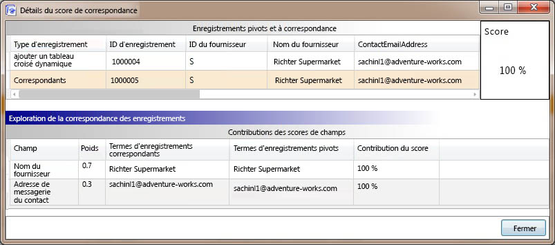 Boîte de dialogue Détails du score de correspondance