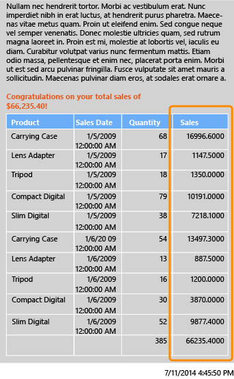 Totaux des ventes dans le rapport