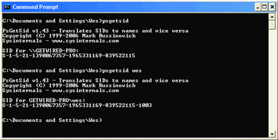 Figure 1 Sortie de PSGetSID pour un SID de système virtuel et le SID du compte utilisateur 1003