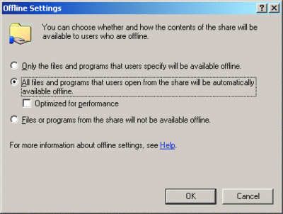 Figure 2 Boîte de dialogue Paramètres hors connexion de Windows Server 2003