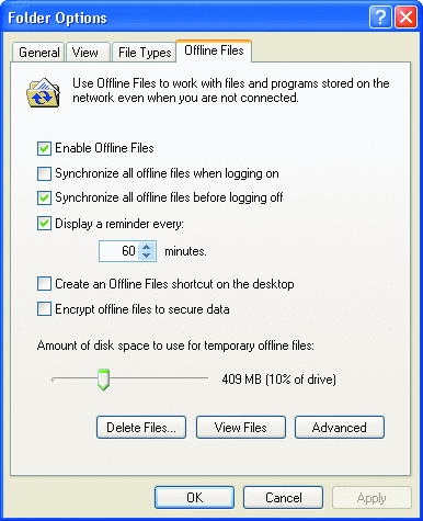 Figure 7 Définition de l'espace disque pour les fichiers hors connexion sous Windows XP