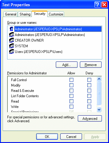 Figure 4 Boîte de dialogue de l’interface utilisateur de l’ACL dans Windows XP