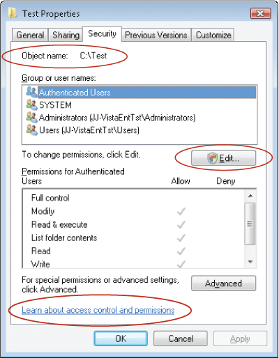 Figure 5 Boîte de dialogue de l’interface utilisateur de l’ACL dans Windows Vista