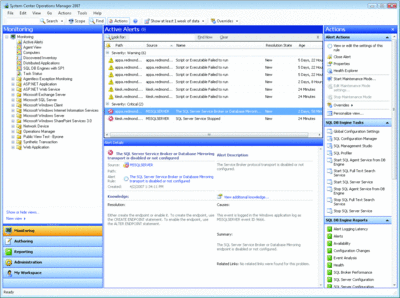 Figure 1 System Center Operations Manager 2007 offre une interface unique permettant d’afficher des alertes et de gérer des ressources depuis le réseau