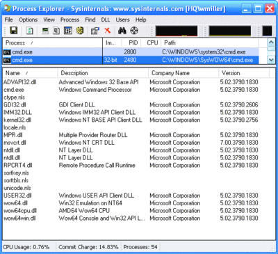 Figure 2 Process Explorer montre les versions 32 bits et 64 bits de cmd.exe