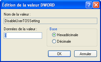 Figure 1 Configuration de la valeur de registre de DisableUserTOSetting