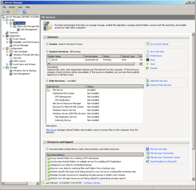 Figure 2 Console Gestionnaire de serveur affichant le rôle des services de fichiers