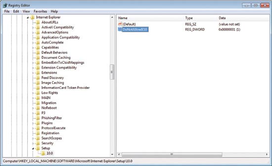 The DoNotAllowIE10 value will show up in the Registry Editor.