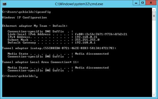 Use the ipconfig command to verify you successfully created a team