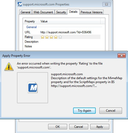 Screenshot of the support.microsoft.com Properties details and the apply property error.