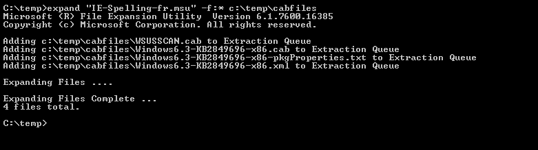 Screenshot shows the command output of extracting Internet Explorer 11 Spelling Dictionary package.