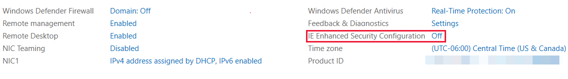 Capture d’écran de la configuration de sécurité renforcée actuelle d'Internet Explorer dans le gestionnaire des serveurs.