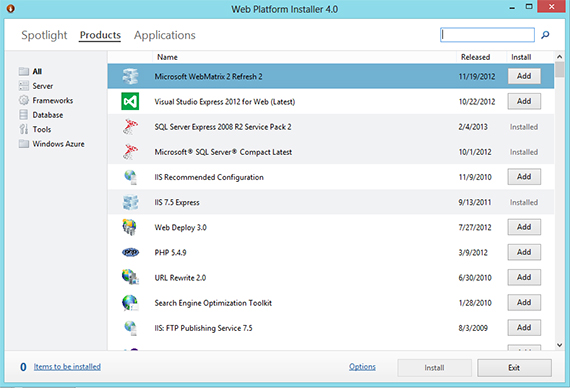Capture d’écran de la fenêtre Web Platform Installer.