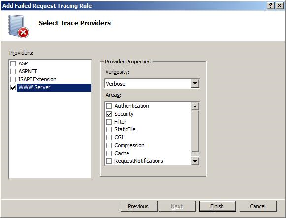 Capture d’écran montrant la page Sélectionner les fournisseurs de traces. W W Server est sélectionné sous Fournisseurs, et Sécurité sous Verbose.