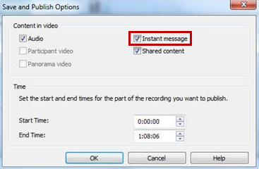 Capture d’écran montrant l’option Message instantané sélectionnée dans la boîte de dialogue Options d’enregistrement et de publication.