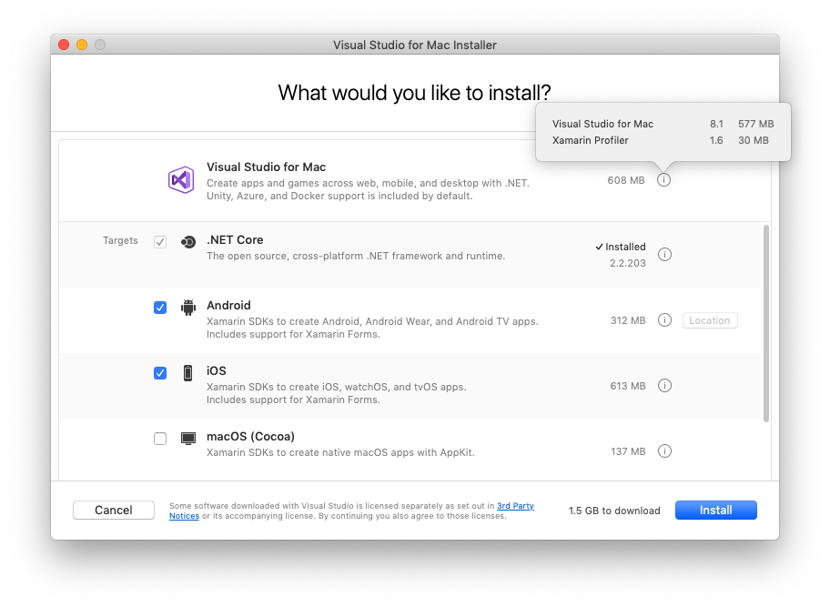 Screenshot of the "What would you like to install?" screen in the Visual Studio Mac Installer, showing a list of components available for installation.