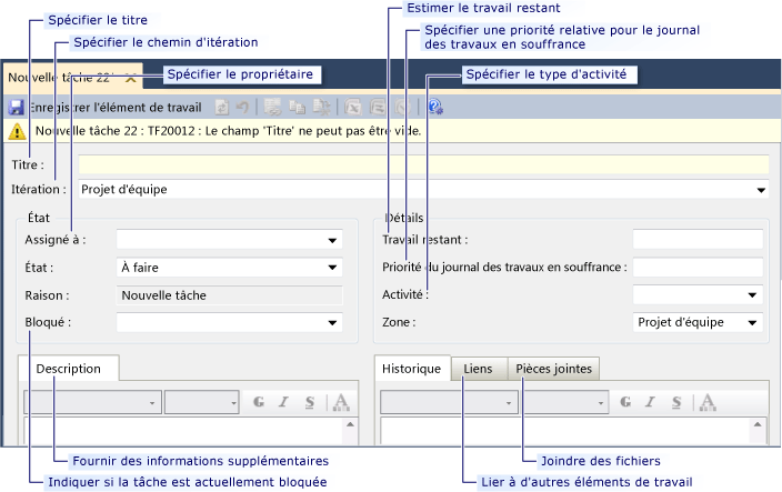 Capture d'écran présentant un nouvel élément de travail Tâche