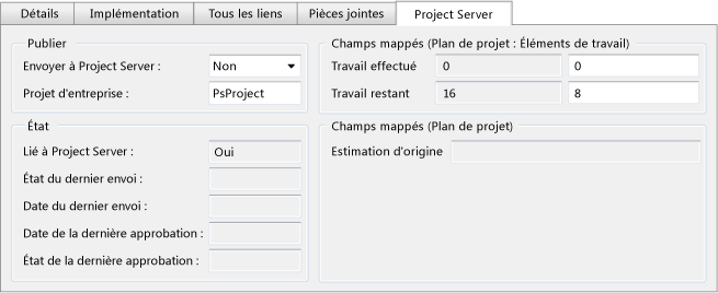 Champs par défaut de l'onglet Project Server