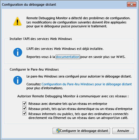 Boîte de dialogue Configuration du débogage distant