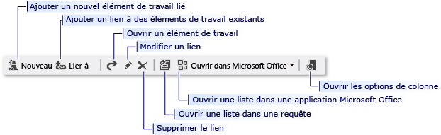 Contrôles de barre d'outils du lien du formulaire d'élément de travail