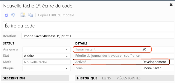 Tâche avec activité et heures estimées