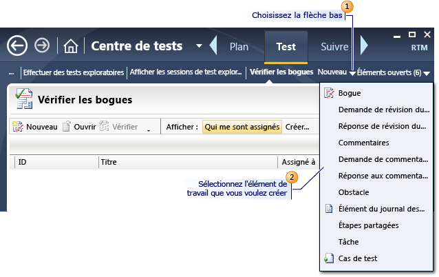 Créer un élément de travail à l'aide du Microsoft Test Manager